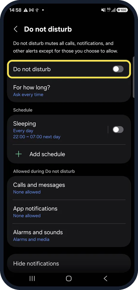 Android screenshot: Check Do not disturb