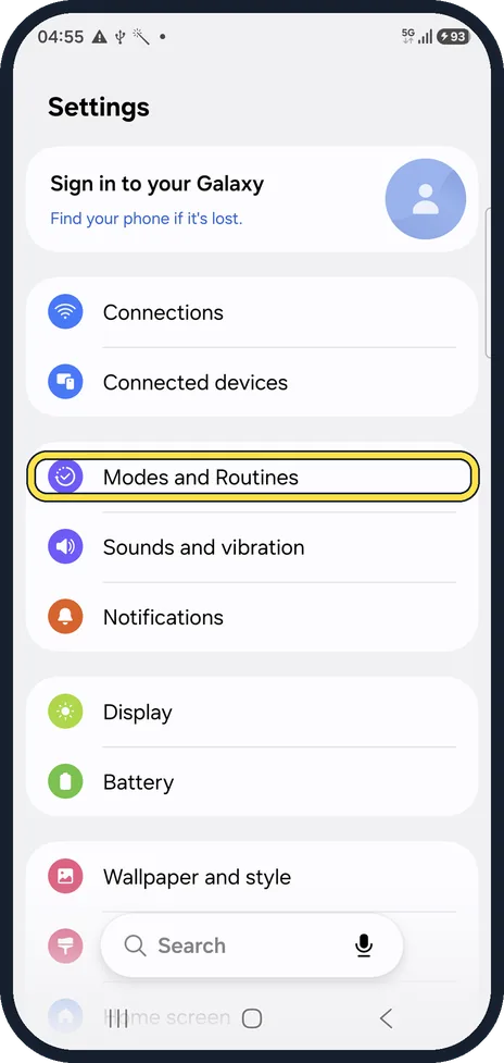 Android screenshot: Check Modes and Routines