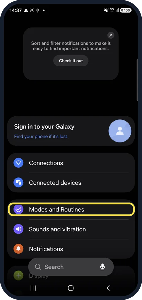 Android screenshot: Check Modes and Routines
