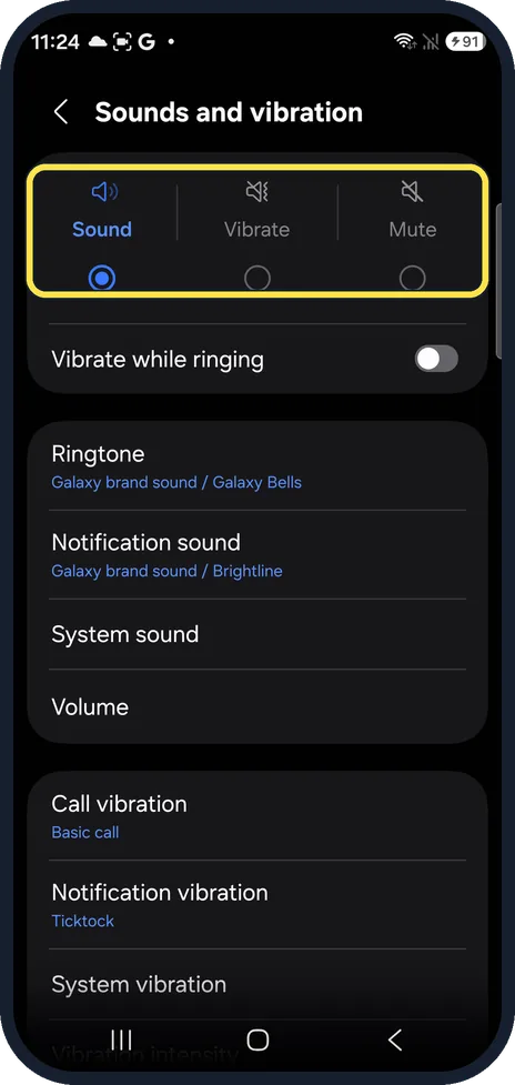 Android screenshot: Check the sound mode