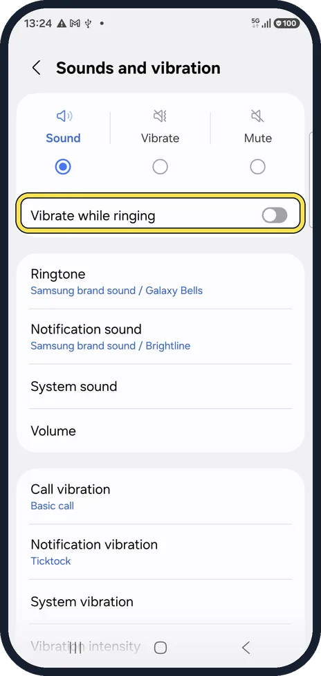 Android screenshot: Switch on Vibrate while ringing