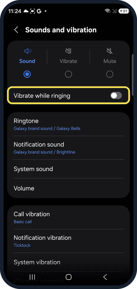 Android screenshot: Switch on Vibrate while ringing