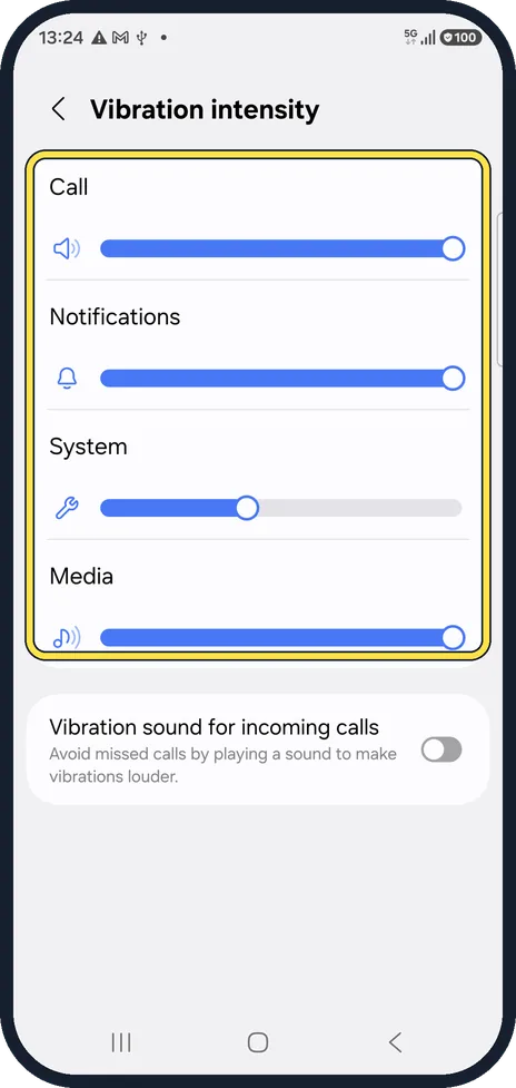 Android screenshot: Raise the vibration intensity