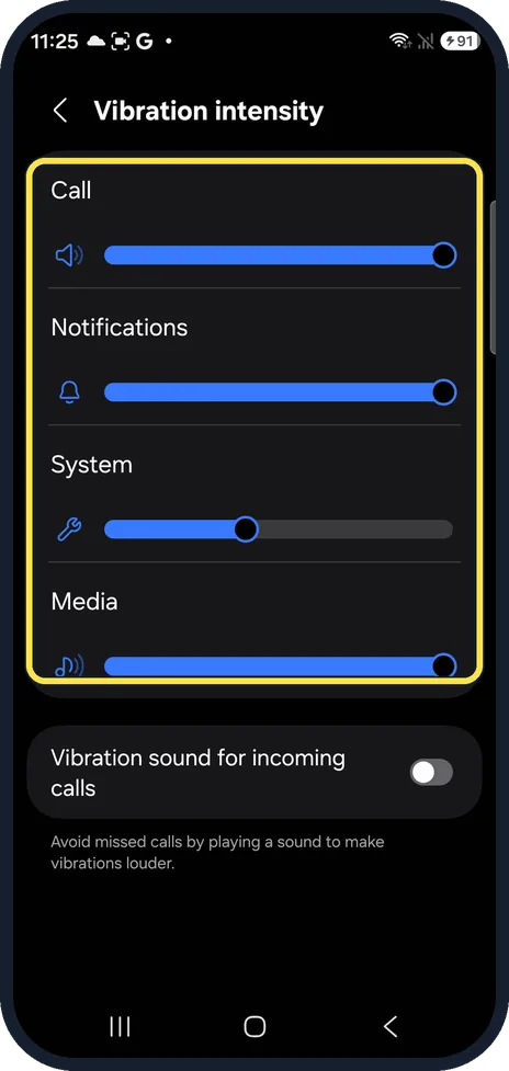 Android screenshot: Raise the vibration intensity