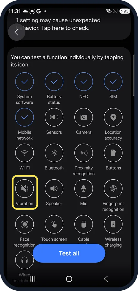 Android screenshot: Test the motor in Samsung Members