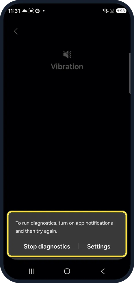 Android screenshot: If diagnostics will not start