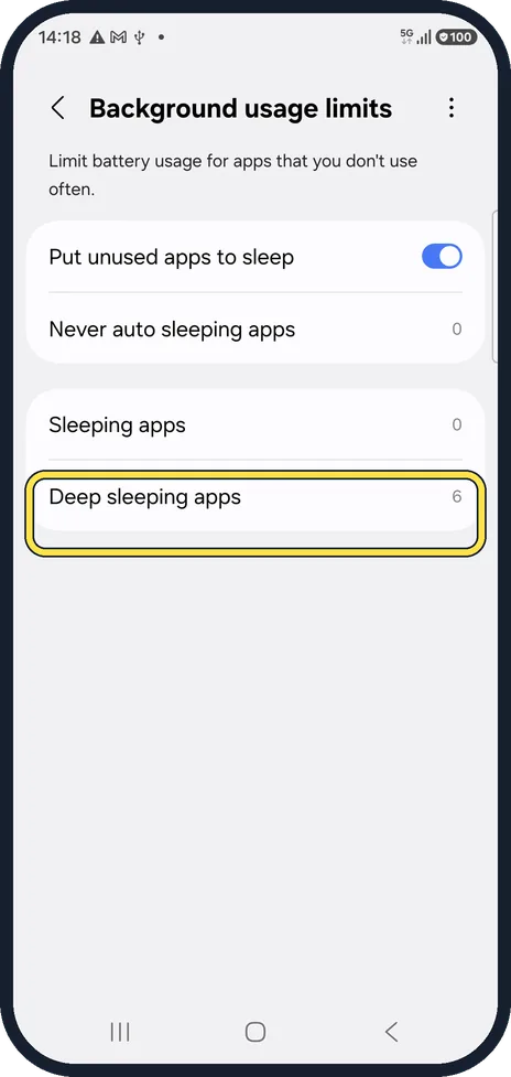 Android screenshot: Check Deep sleeping apps