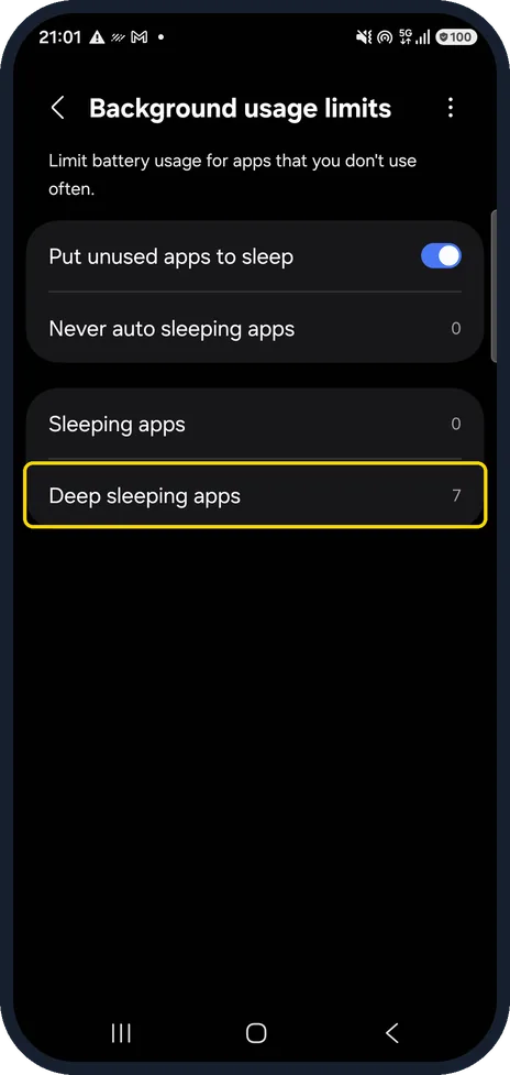 Android screenshot: Check Deep sleeping apps