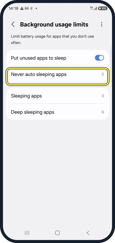 Android screenshot: Add it to Never auto sleeping apps