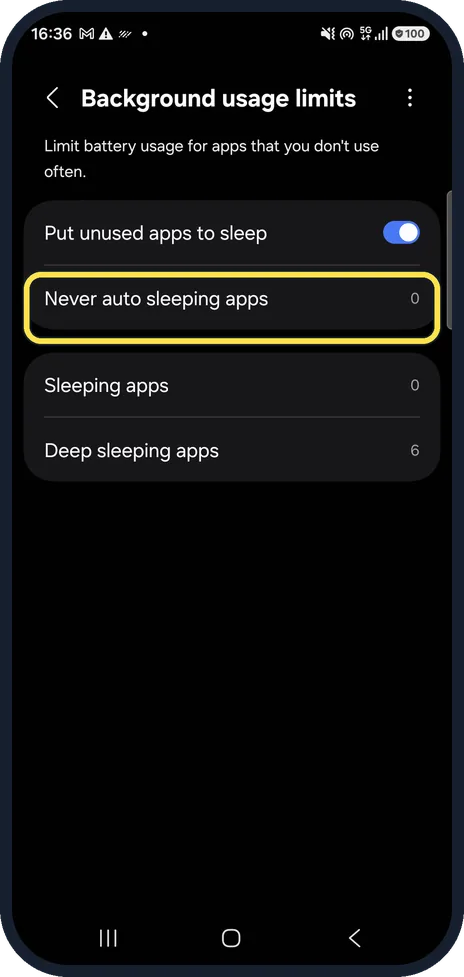Android screenshot: Add it to Never auto sleeping apps