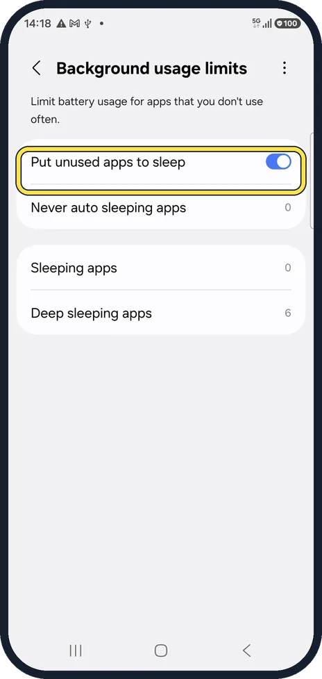 Android screenshot: Or stop putting apps to sleep