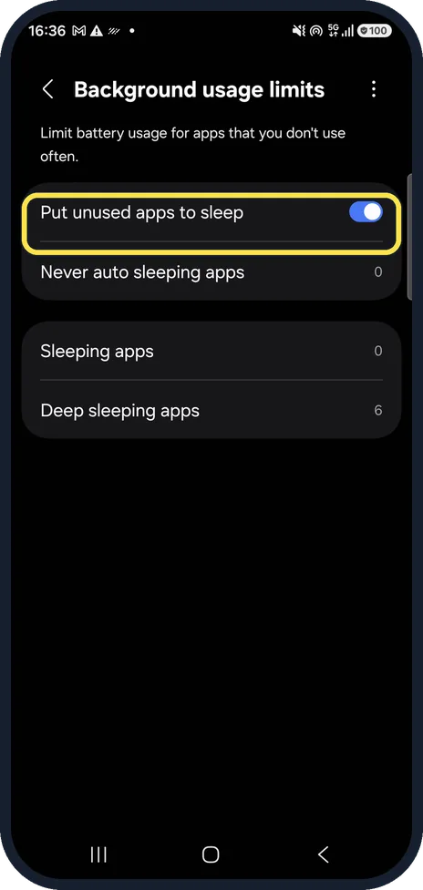 Android screenshot: Or stop putting apps to sleep