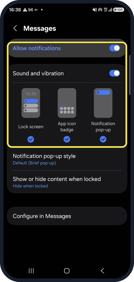 Android screenshot: Check the app's notification settings