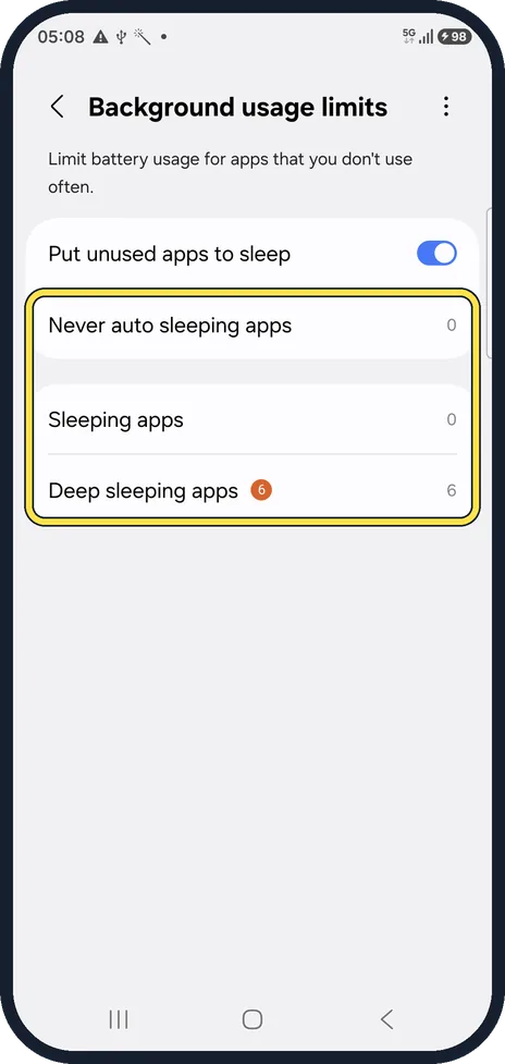 Android screenshot: Take the app out of sleep
