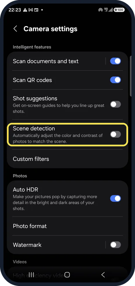 Android screenshot: Check the camera settings
