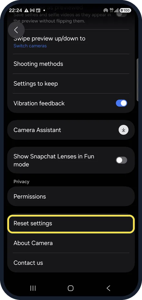Android screenshot: Reset the camera settings