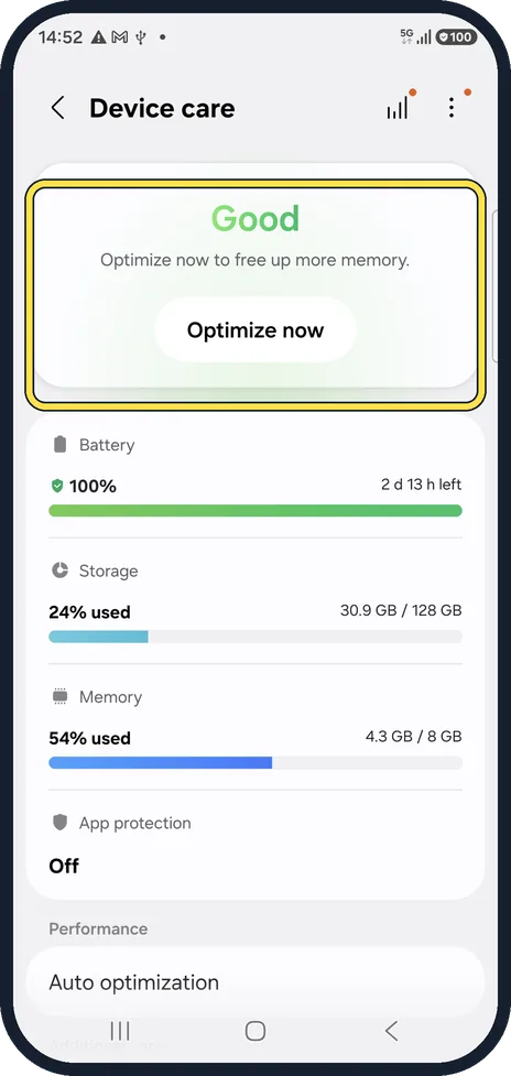 Android screenshot: Tap Optimize now