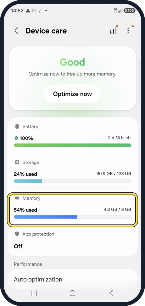 Android screenshot: Check Memory