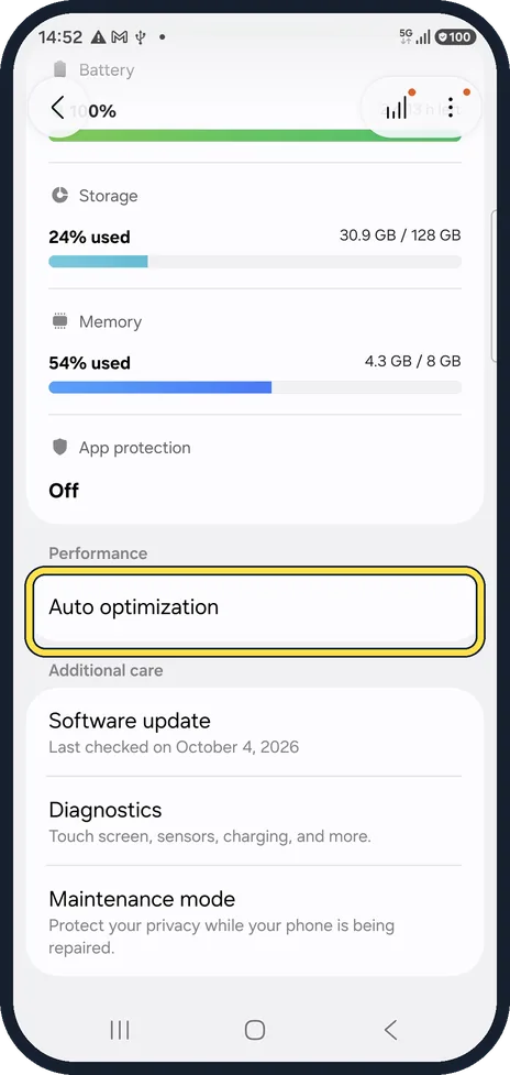 Android screenshot: Turn on Auto restart