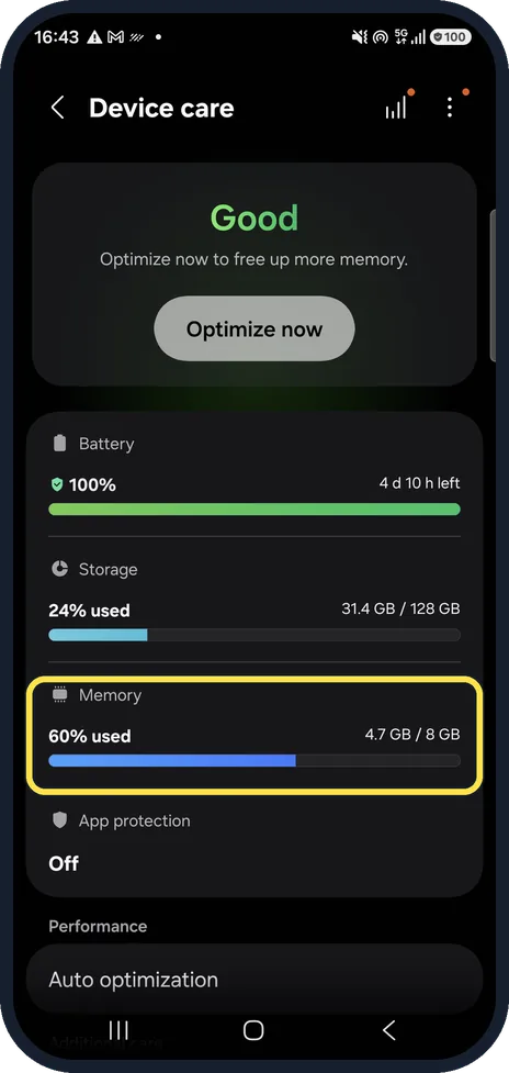 Android screenshot: Check Memory
