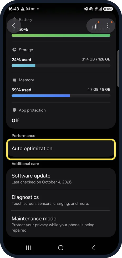 Android screenshot: Tap Auto optimization