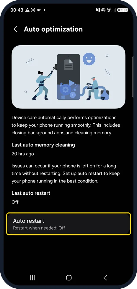 Android screenshot: Turn on Auto restart