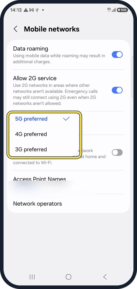 Android screenshot: Check the network mode