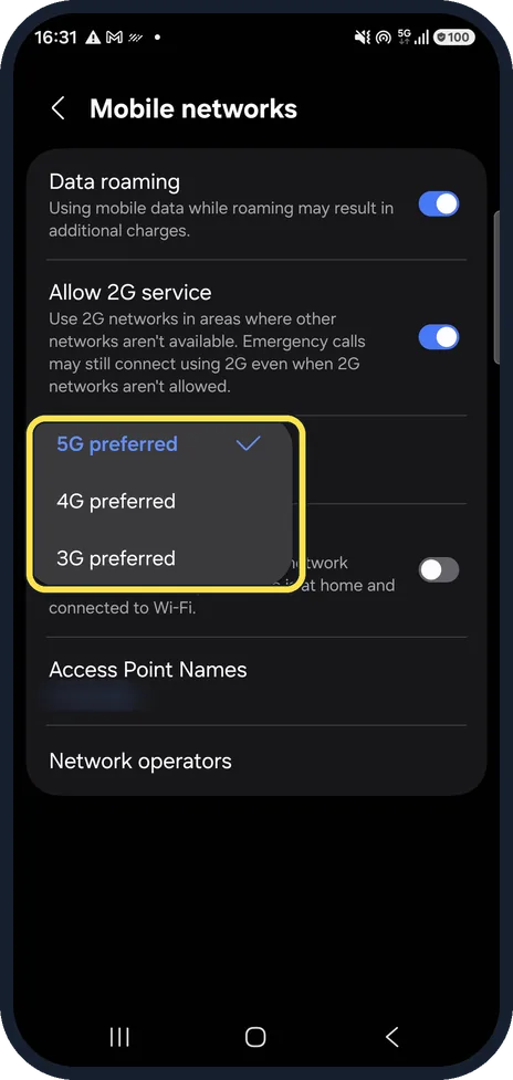 Android screenshot: Check the network mode