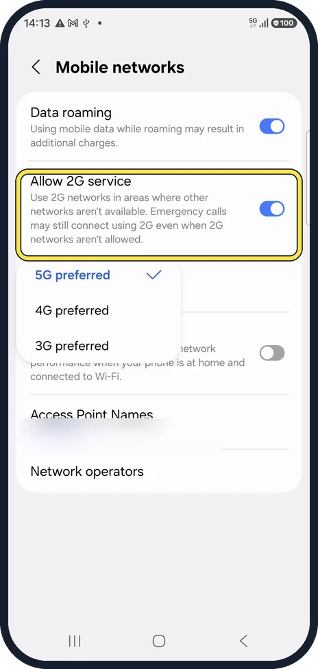 Android screenshot: Leave Allow 2G service on