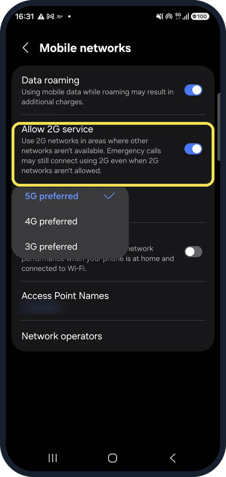 Android screenshot: Leave Allow 2G service on