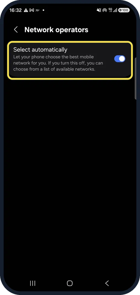 Android screenshot: Let the phone pick the network
