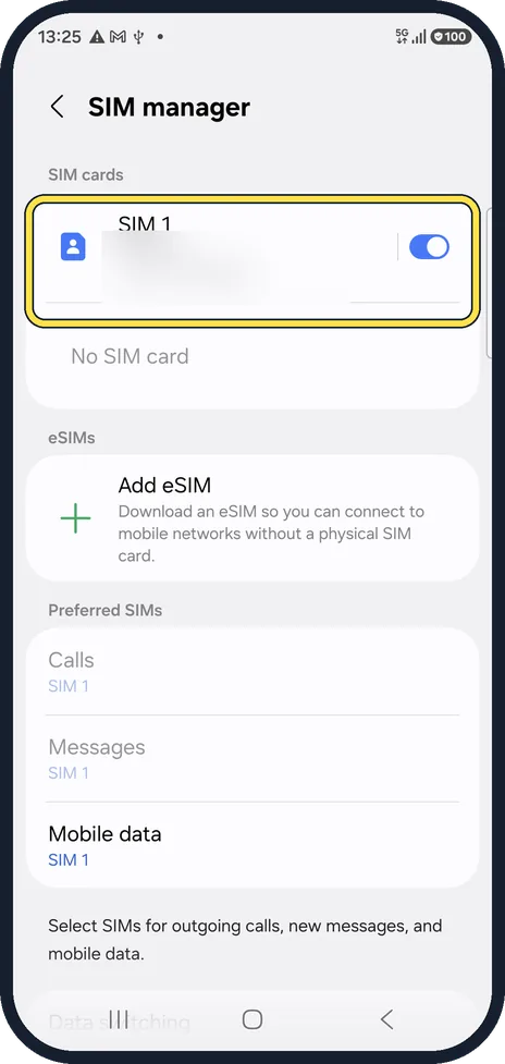 Android screenshot: Switch the SIM off and on