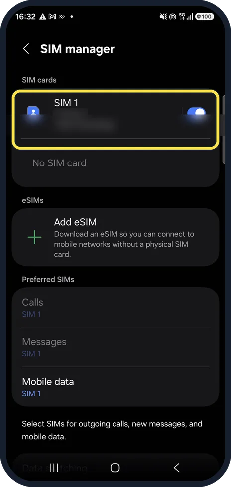 Android screenshot: Switch the SIM off and on