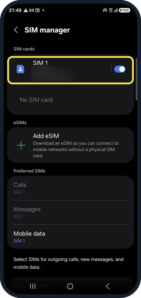Android screenshot: Check SIM manager