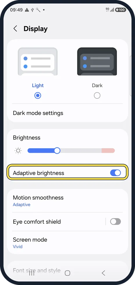 Android screenshot: Switch off Adaptive brightness