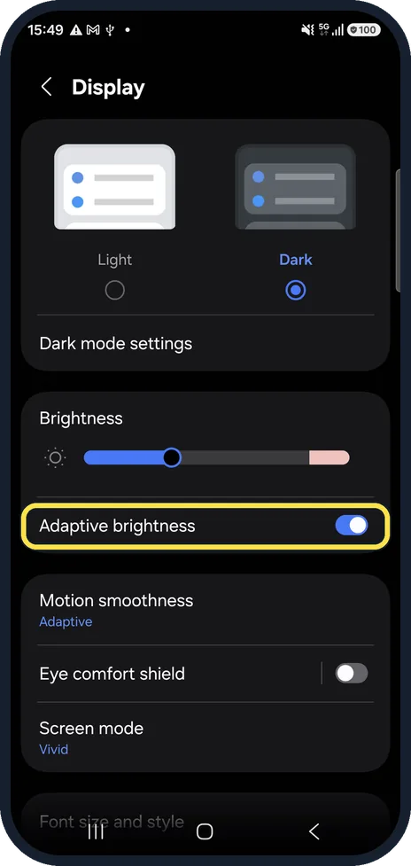 Android screenshot: Switch off Adaptive brightness