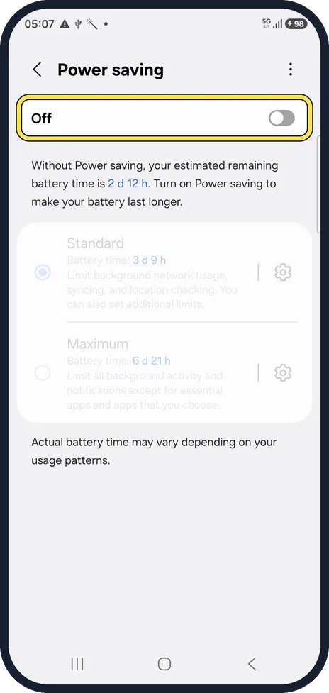 Android screenshot: Check Power saving