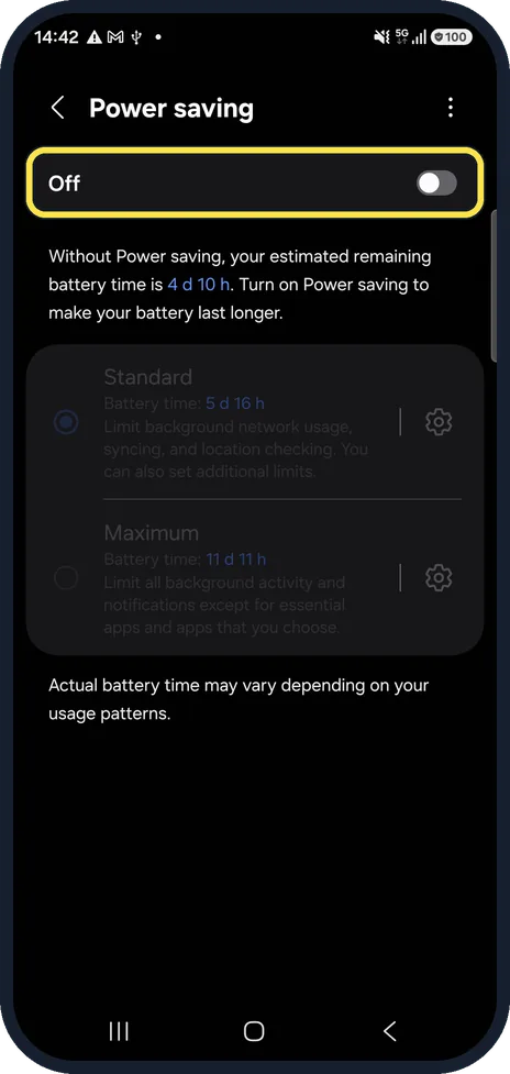 Android screenshot: Check Power saving