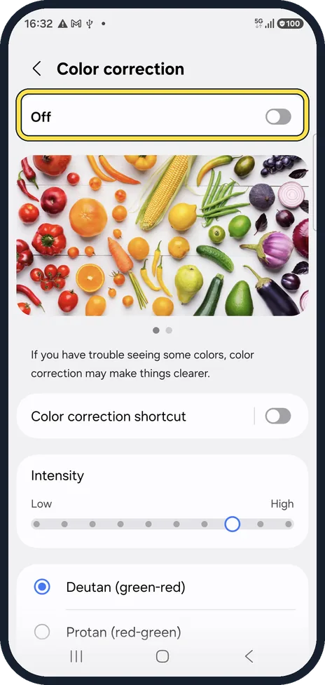 Android screenshot: Switch off Color correction