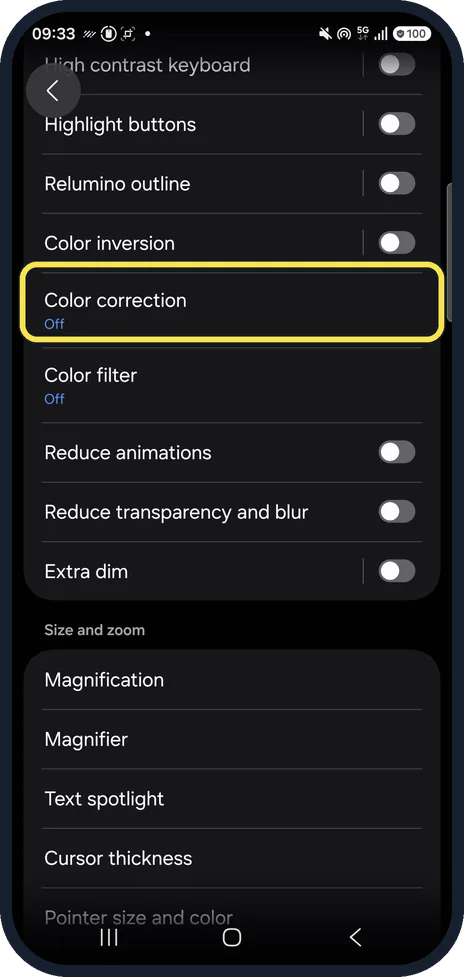 Android screenshot: Tap Color correction