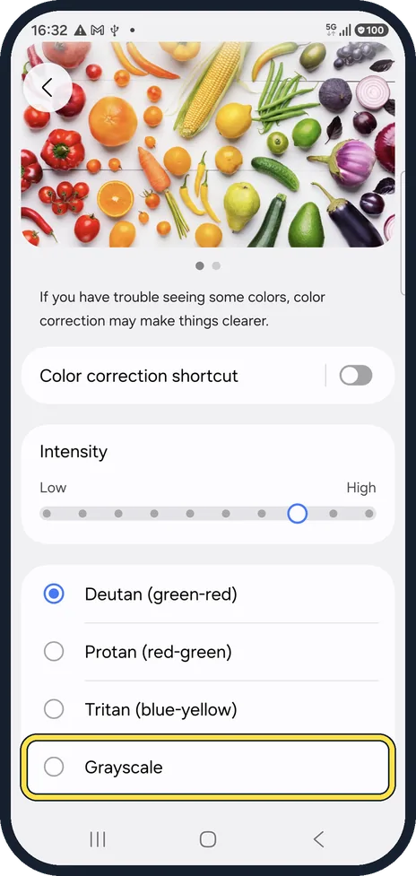 Android screenshot: Or pick a mode other than Grayscale