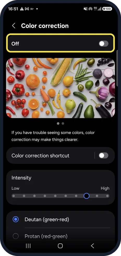 Android screenshot: Switch off Color correction