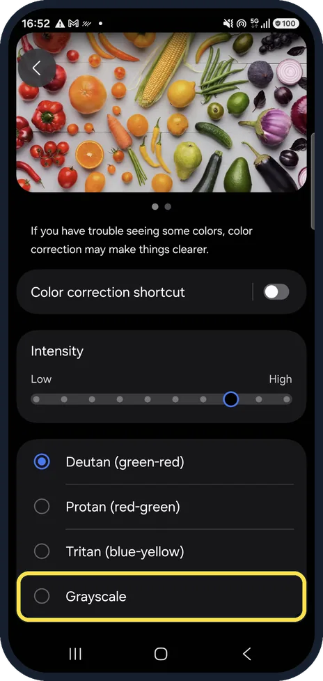 Android screenshot: Or pick a mode other than Grayscale