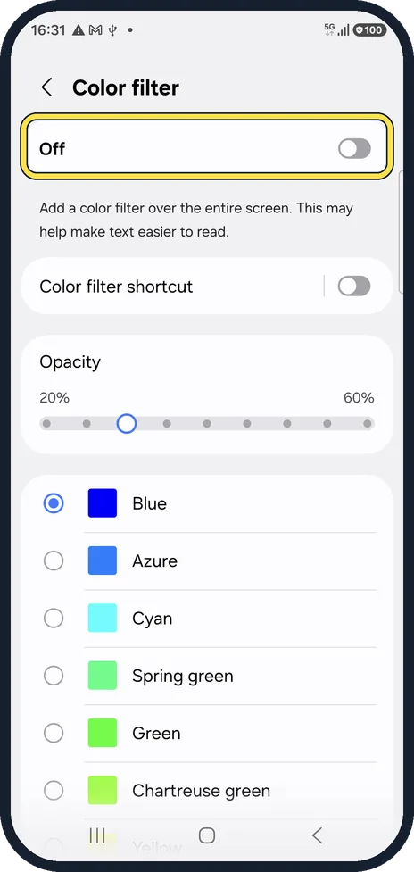 Android screenshot: Check Color filter too