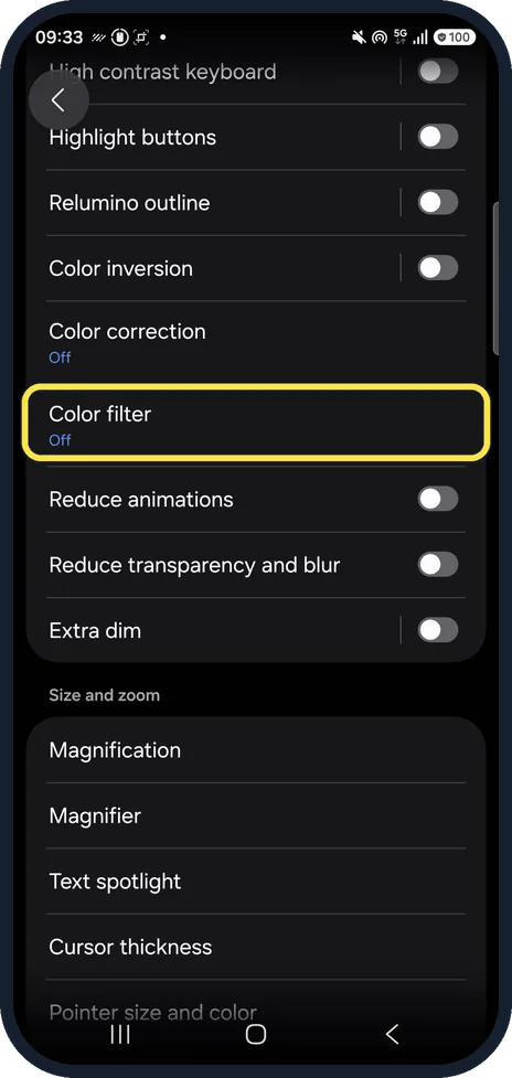 Android screenshot: Go back and tap Color filter