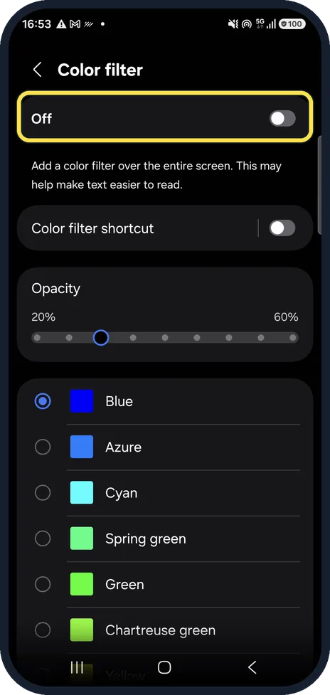 Android screenshot: Switch off Color filter