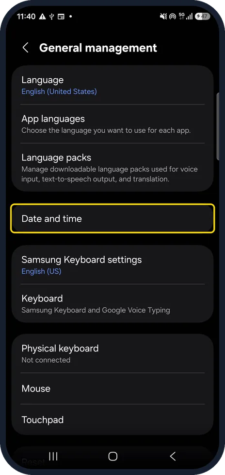 Android screenshot: Open Date and time