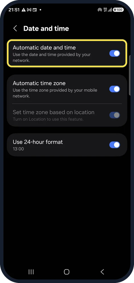 Android screenshot: Turn on Automatic date and time