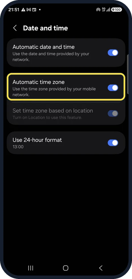 Android screenshot: Turn on Automatic time zone