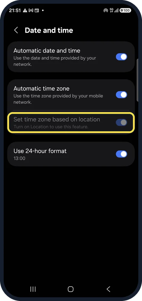 Android screenshot: Use location for the time zone
